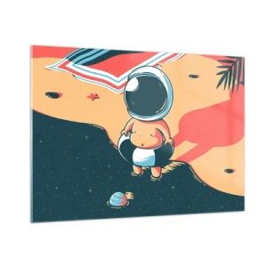 Impression sur verre - Image sur verre - Figure d'astronaute sur une plage avec un paysage cosmique - 100x70cm - Suivant une autre perspective - Décoration murale moderne pour le salon et la chambre ARTTOR