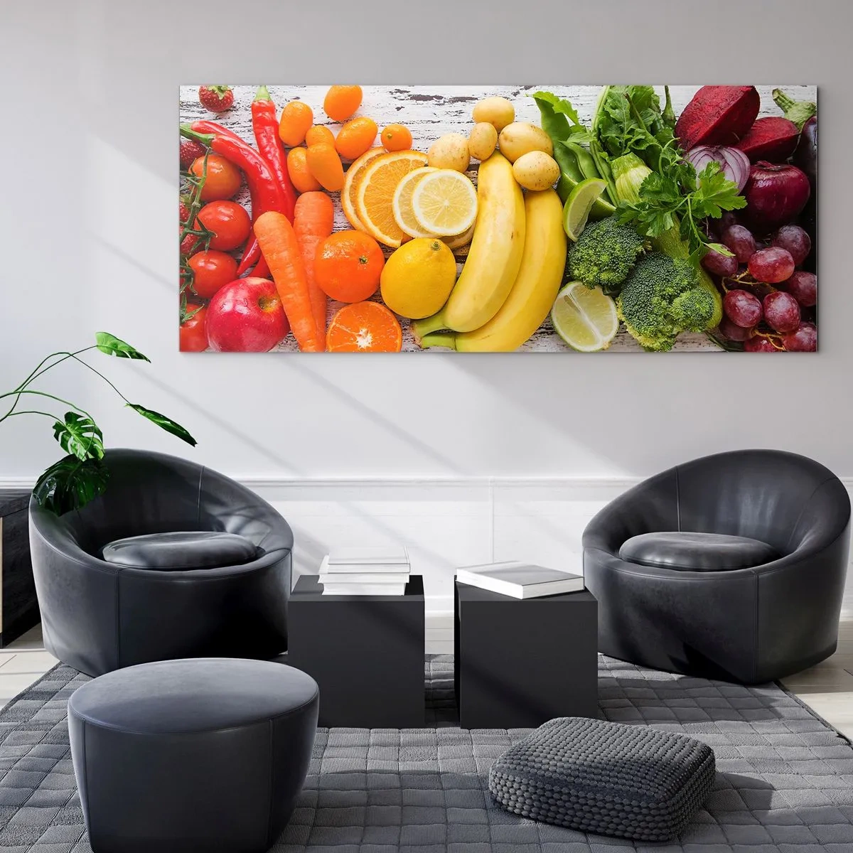 Impression sur verre - Image sur verre - Fruits et légumes colorés sur fond de bois - 140x50cm - Ce n'est pas suffisant? - Décoration murale moderne pour le salon et la chambre ARTTOR