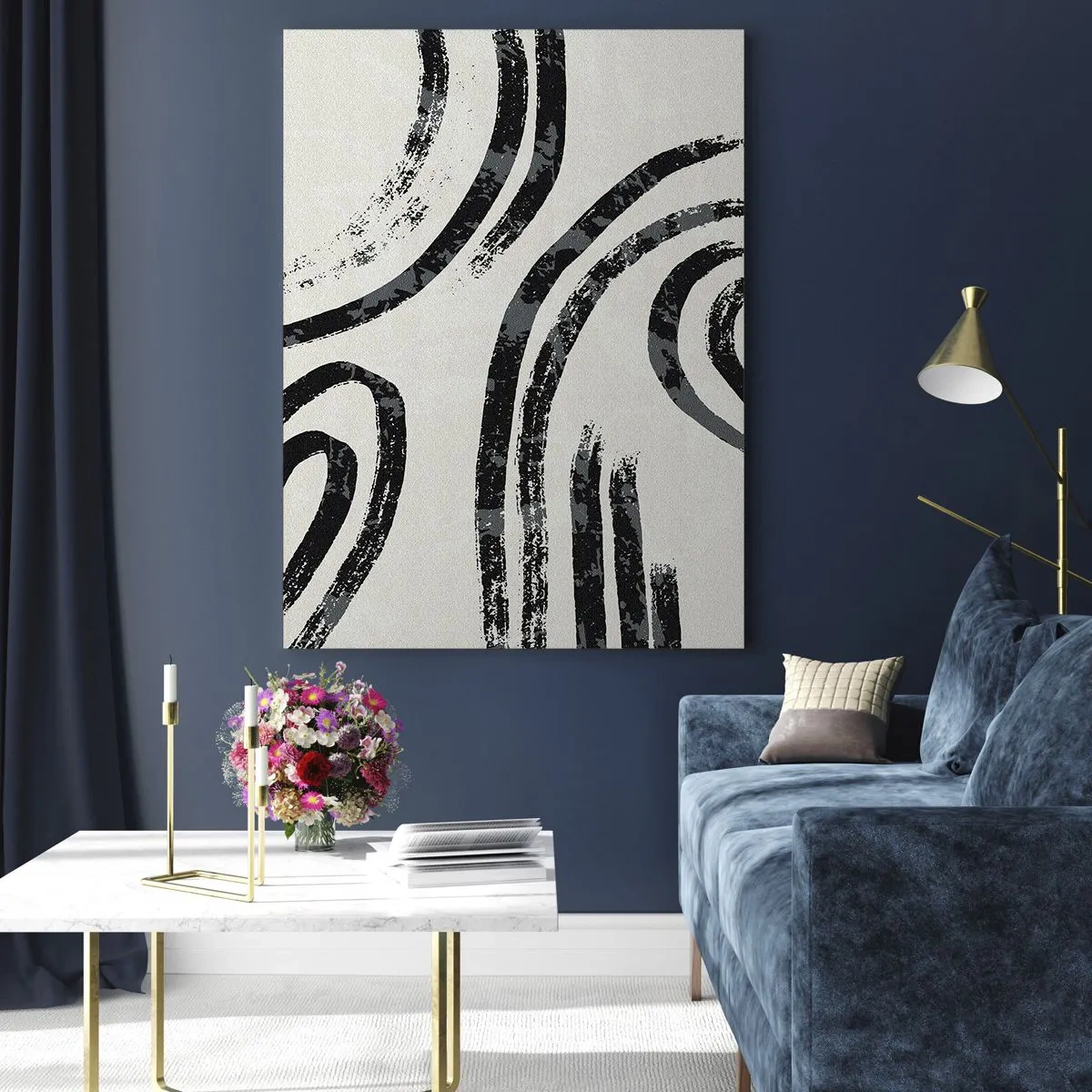 Impression sur verre - Image sur verre - Lignes abstraites noires et blanches sur fond clair - 70x100cm - À moitié arrêté - Décoration murale moderne pour le salon et la chambre ARTTOR