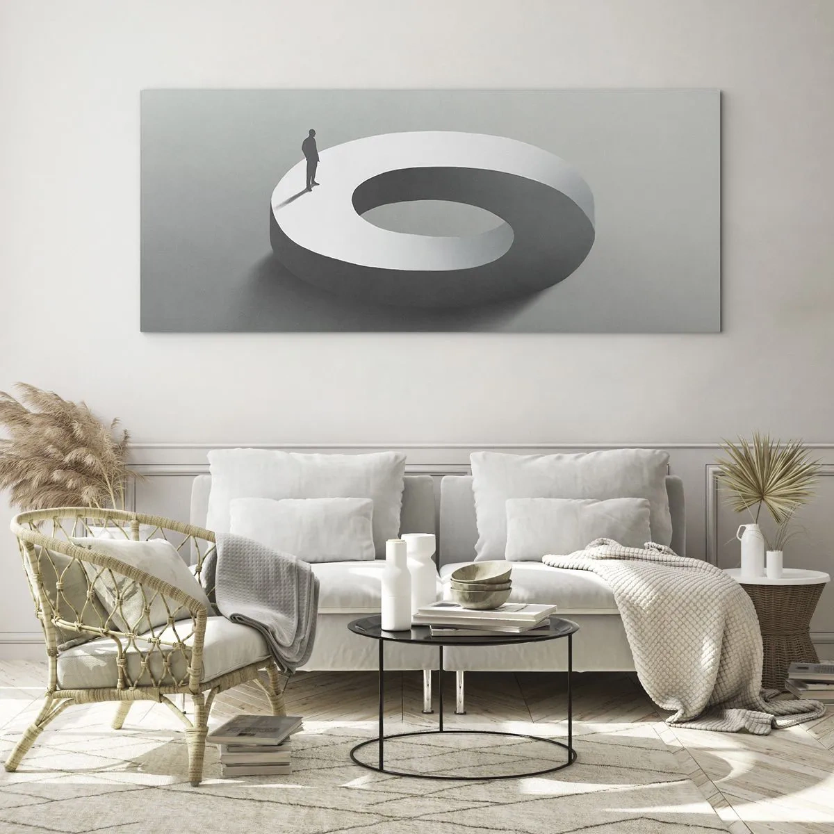 Impression sur verre - Image sur verre - Un homme sur une structure grise et abstraite - 140x50cm - Et sois intelligent ici - Décoration murale moderne pour le salon et la chambre ARTTOR