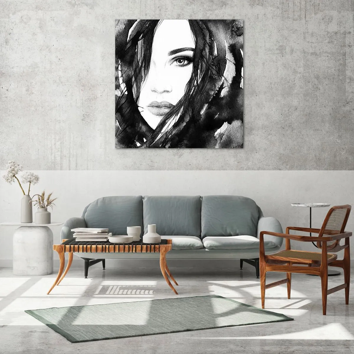 Impression sur verre - Image sur verre - Portrait d'une dame en noir et blanc - 50x50 cm