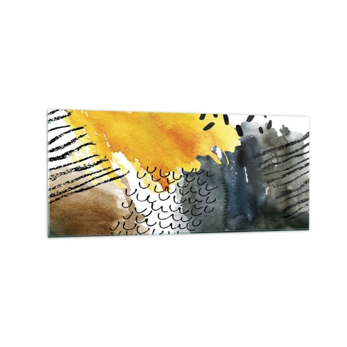 Impression sur verre - Image sur verre - Une composition abstraite avec des accents jaunes et des motifs graphiques. - 120x50cm - Rencontre des éléments - Décoration murale moderne pour le salon et la chambre ARTTOR