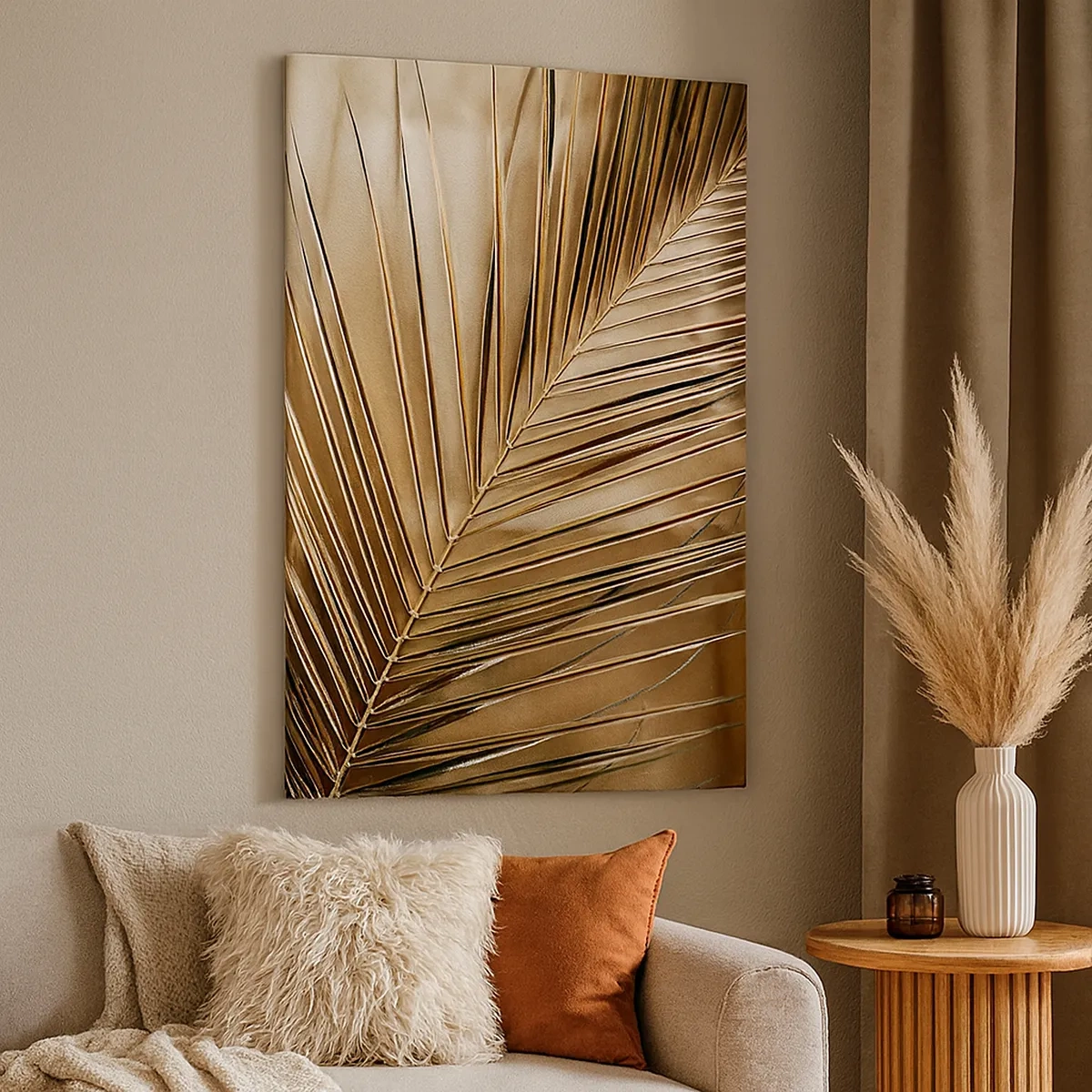 Impression sur toile - Image sur toile - Feuille de palmier dorée sur fond uni - 50x70cm - Colonnade naturelle - Décoration murale moderne pour le salon et la chambre ARTTOR