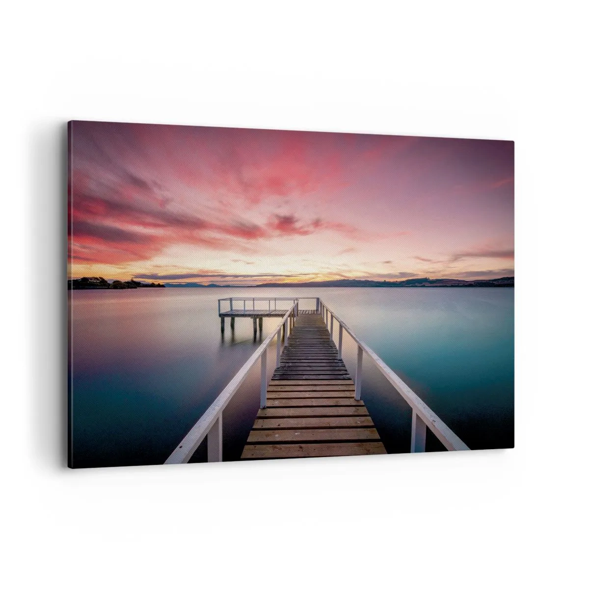 Impression sur toile - Image sur toile - Une jetée menant à un lac tranquille au coucher du soleil - 100x70cm - La douce flamme du soir - Décoration murale moderne pour le salon et la chambre ARTTOR