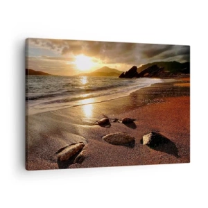 Impression sur toile - Image sur toile - Plage au coucher du soleil avec des pierres sur le rivage - 70x50cm - Suivez le soleil sur les collines - Décoration murale moderne pour le salon et la chambre ARTTOR