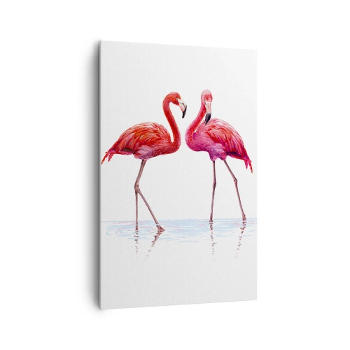 Impression sur toile - Image sur toile - Une paire de flamants roses dans l'eau sur un fond clair - 80x120cm - Rendez-vous rose - Décoration murale moderne pour le salon et la chambre ARTTOR