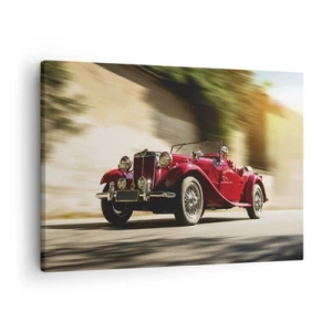 Impression sur toile - Image sur toile - Voiture classique rouge en mouvement dans une rue ensoleillée - 70x50cm - Plus belle que Nike de Samothrace - Décoration murale moderne pour le salon et la chambre ARTTOR