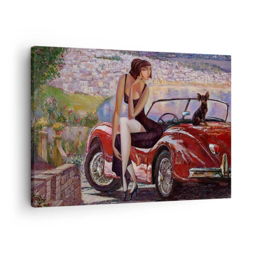 Impression sur toile - Image sur toile - Une femme près d'une voiture rouge avec une ville en arrière-plan - 70x50cm - L'été? Uniquement sur la Côte d'Azur - Décoration murale moderne pour le salon et la chambre ARTTOR