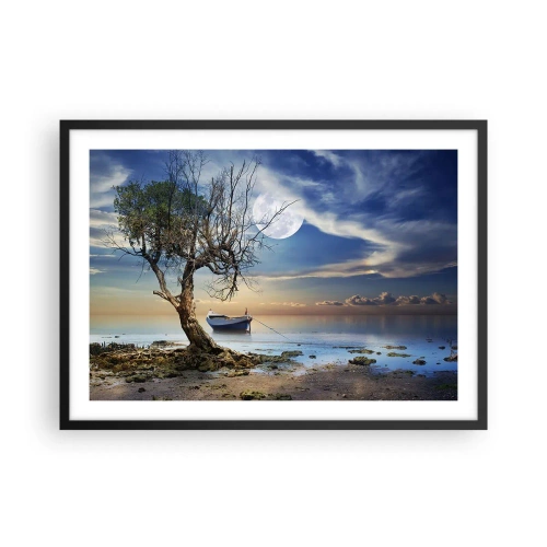 Affiche dans un cadre noir - Poster - Un arbre solitaire et un bateau sur une eau calme sous la pleine lune. - 70x50cm - Est-ce la fin ou le début ? - Décoration murale moderne pour le salon et la chambre ARTTOR