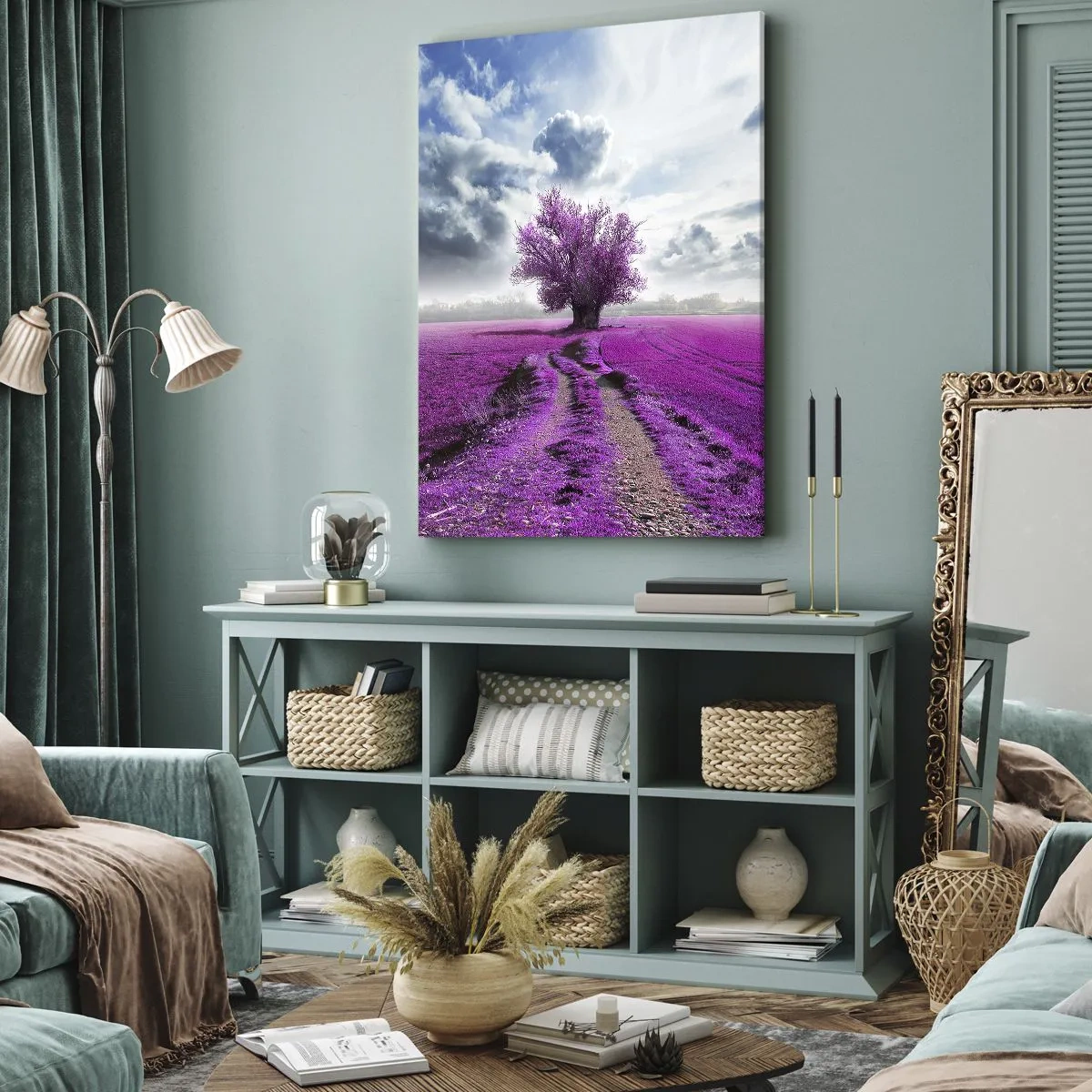 Impression sur toile - Image sur toile - Un arbre solitaire dans un champ dans une nuance de rose intense - 80x120cm - Lande - nature sauvage - Décoration murale moderne pour le salon et la chambre ARTTOR