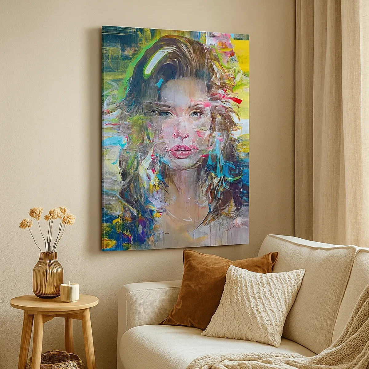 Impression sur toile - Image sur toile - Portrait abstrait d'une femme aux couleurs intenses - 50x70cm - Derrière l'air, un rideau - Décoration murale moderne pour le salon et la chambre ARTTOR