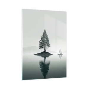 Impression sur verre - Image sur verre - Un arbre solitaire sur une île et un voilier sur un lac calme - 50x70cm - Un rêve somnolent - Décoration murale moderne pour le salon et la chambre ARTTOR