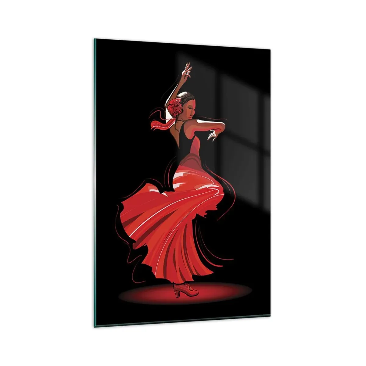 Impression sur verre - Image sur verre - Danseuse de flamenco en robe rouge sur fond noir - 80x120cm - L'esprit fougueux du flamenco - Décoration murale moderne pour le salon et la chambre ARTTOR