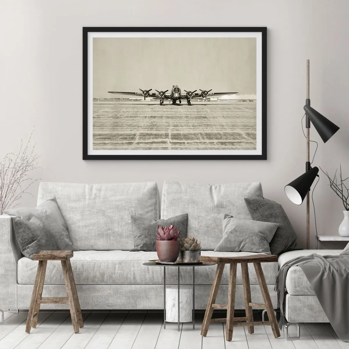 Affiche dans un cadre noir - Poster - Avion historique à l'aéroport en sépia - 100x70cm - Toujours prêt! - Décoration murale moderne pour le salon et la chambre ARTTOR