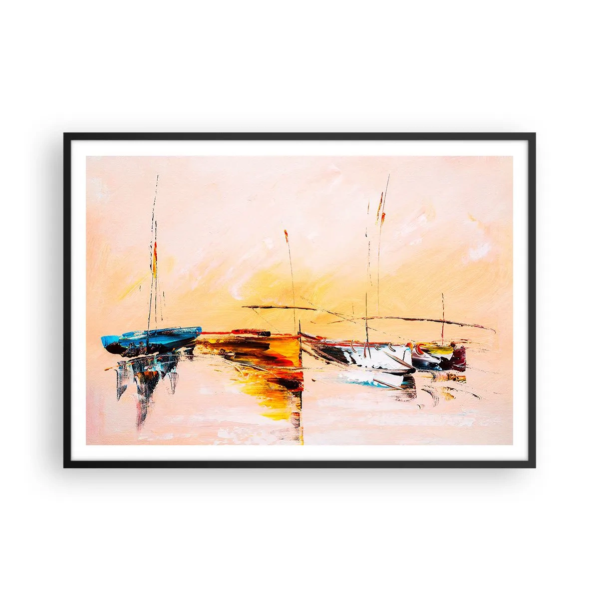 Affiche dans un cadre noir - Poster - Bateaux colorés sur une eau calme au coucher du soleil - 100x70cm - Soirée à la marina - Décoration murale moderne pour le salon et la chambre ARTTOR