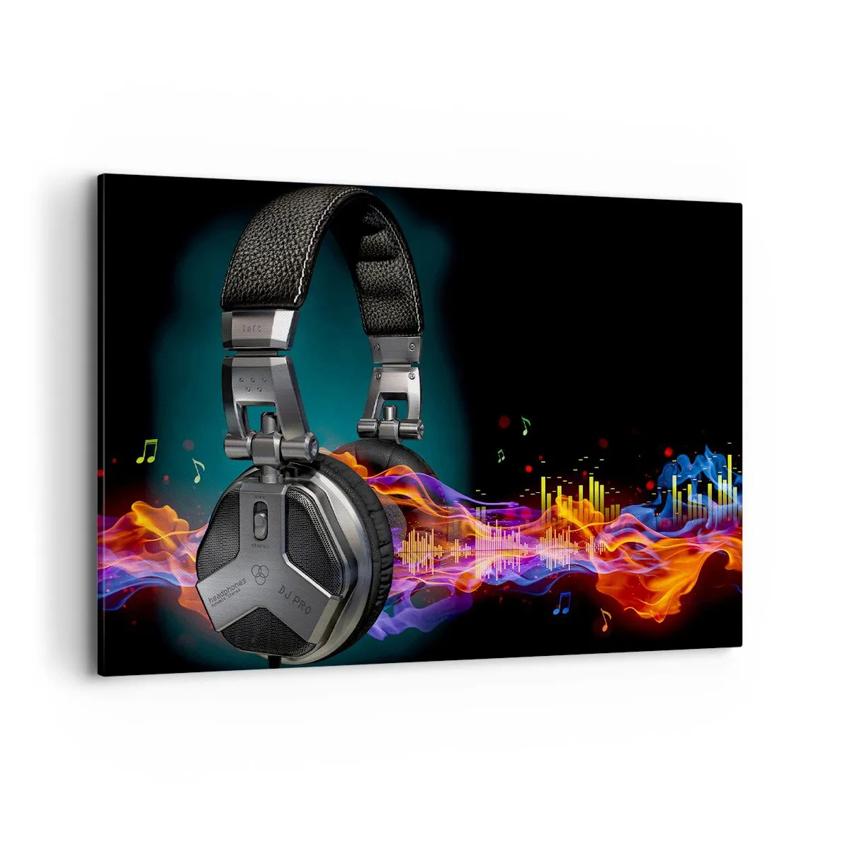 Impression sur toile - Image sur toile - Casque noir avec effet de visualisation musicale colorée - 120x80cm - Dans le feu de la musique - Décoration murale moderne pour le salon et la chambre ARTTOR