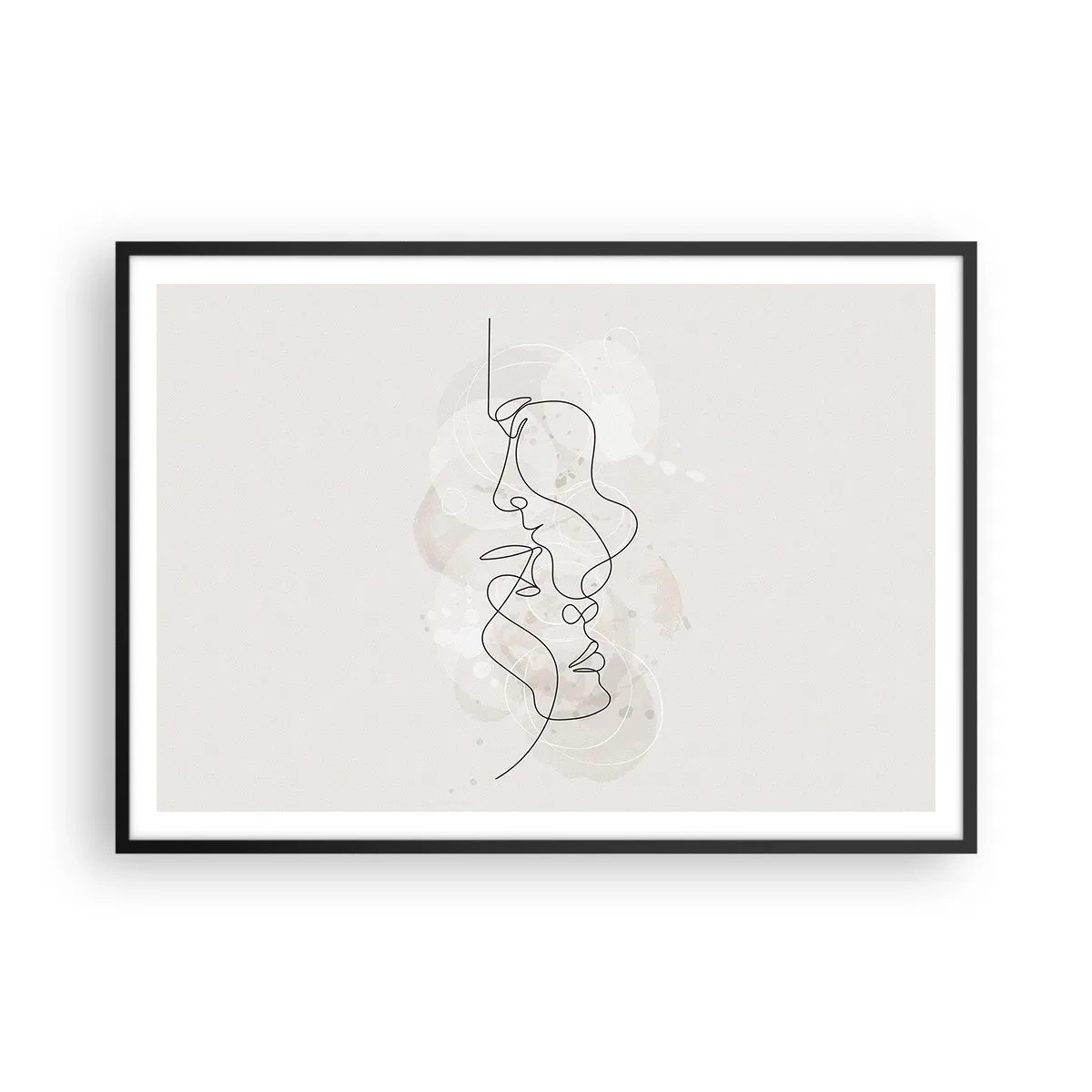 Affiche dans un cadre noir - Poster - Contour abstrait de deux visages sur fond clair - 100x70cm - Emmêlé dans une étreinte - Décoration murale moderne pour le salon et la chambre ARTTOR