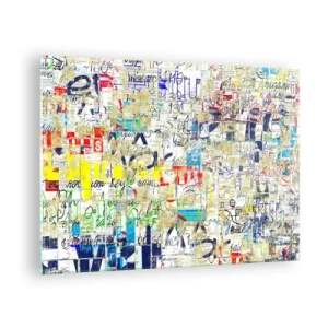 Impression sur verre - Image sur verre - Une composition abstraite avec un mélange de couleurs et d'inscriptions. - 70x50cm - Ca fait juste plaisir aux yeux - Décoration murale moderne pour le salon et la chambre ARTTOR