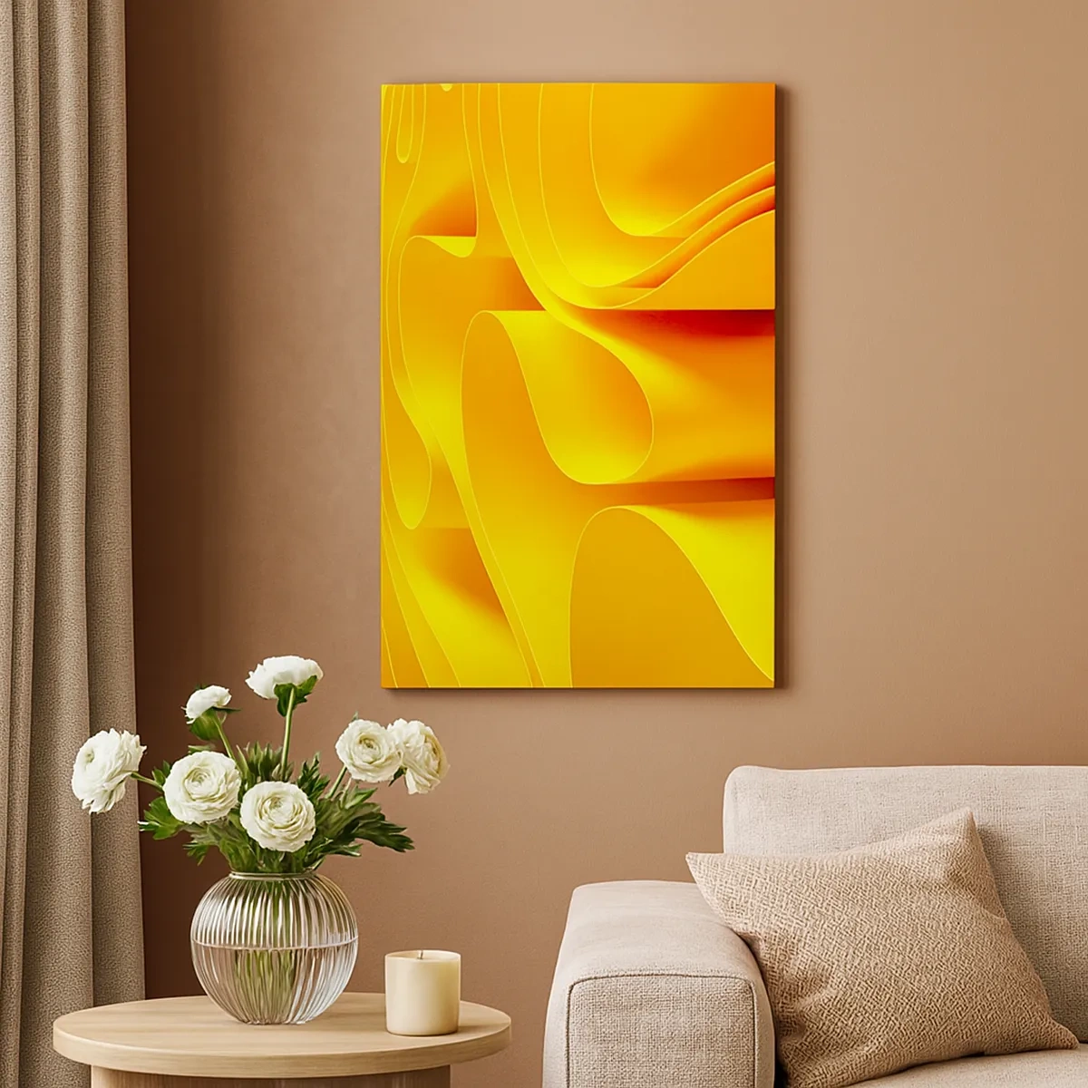 Impression sur toile - Image sur toile - Vagues abstraites jaunes ressemblant à des rayons de soleil - 50x70cm - Comme les vagues du soleil - Décoration murale moderne pour le salon et la chambre ARTTOR