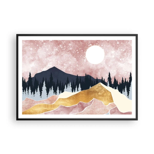 Affiche dans un cadre noir - Poster - Montagnes colorées contre un ciel rose avec une lune - 100x70cm - Gardien de la nuit - Décoration murale moderne pour le salon et la chambre ARTTOR