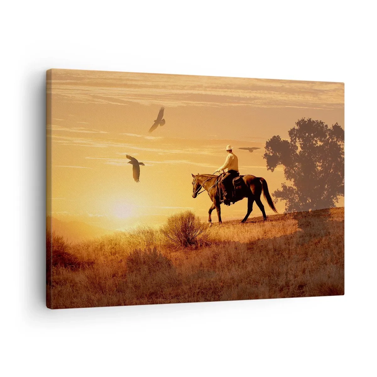 Impression sur toile - Image sur toile - Un cavalier sur un cheval au coucher du soleil contre la prairie - 70x50cm - Seul à travers la prairie - Décoration murale moderne pour le salon et la chambre ARTTOR