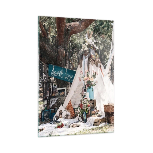 Impression sur verre - Image sur verre - Décoration extérieure bohème avec un tipi et des fleurs dans la forêt - 50x70cm - Make love… - Décoration murale moderne pour le salon et la chambre ARTTOR