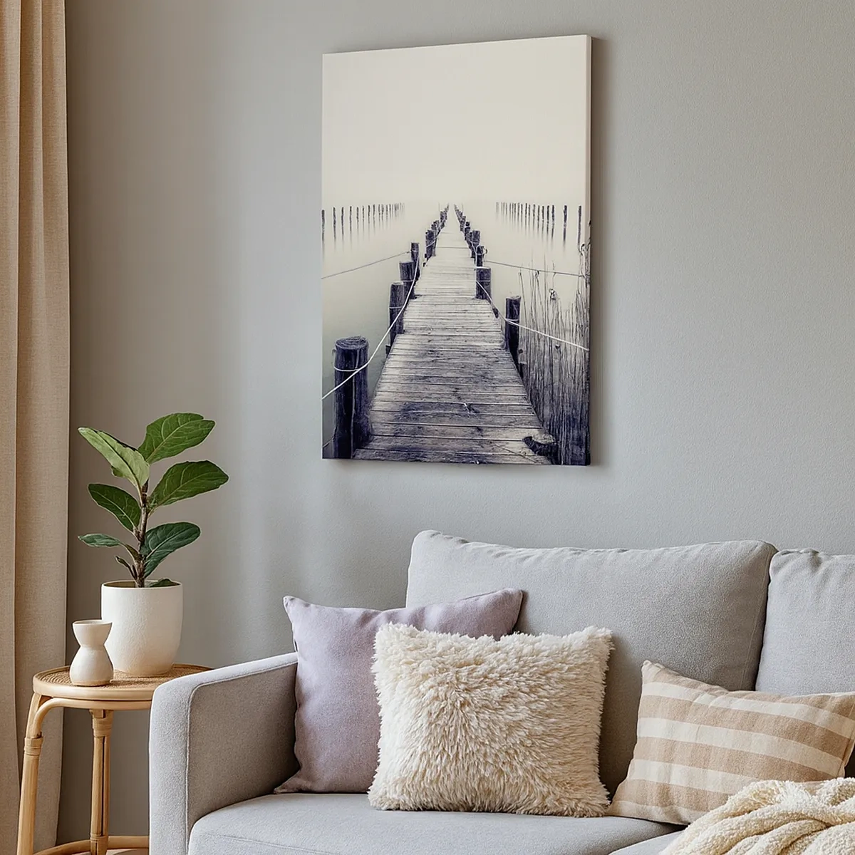 Impression sur toile - Image sur toile - Un pont en bois menant à un espace brumeux - 50x70cm - Plongez dans la paix - Décoration murale moderne pour le salon et la chambre ARTTOR