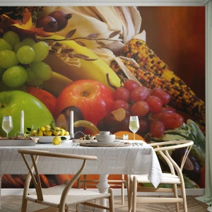Papier Peint Photo Premium Sand - Un panier rempli de fruits et légumes d'automne aux couleurs chaudes - 100x70cm - Panier de récolte - Décoration murale moderne pour le salon et la chambre ARTTOR