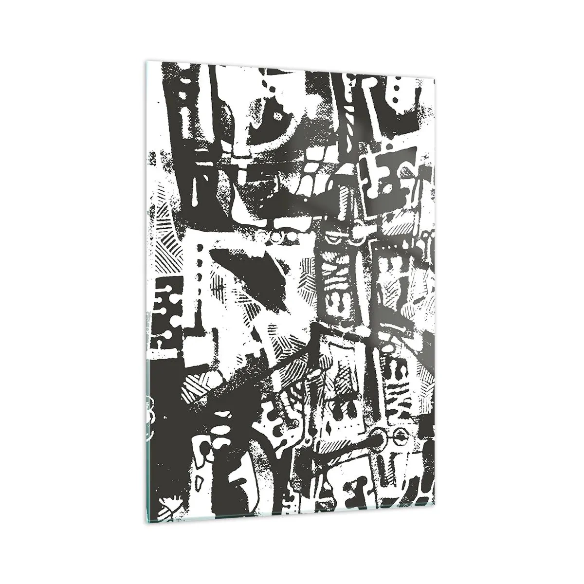 Impression sur verre - Image sur verre - Abstraction en noir et blanc avec des motifs géométriques et techniques - 50x70cm - Ordre ou chaos? - Décoration murale moderne pour le salon et la chambre ARTTOR