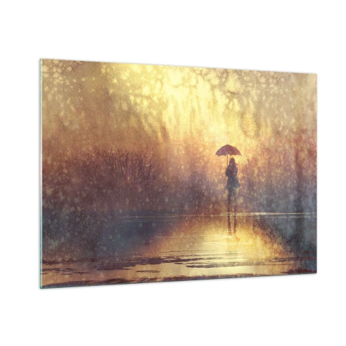 Impression sur verre - Image sur verre - Une silhouette avec un parapluie à la lumière du soleil couchant et de la pluie - 100x70cm - Je sens que quelqu'un me regarde - Décoration murale moderne pour le salon et la chambre ARTTOR