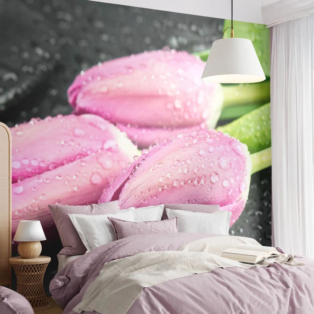 Papier Peint Photo Premium Canvas - Lilas trois sur une pierre noire - Fleurs, Tulipes, Bouquet de fleurs - 350x256 cm