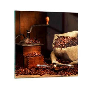 Impression sur verre - Image sur verre - Nature morte avec grains de café et moulin - 30x30 cm