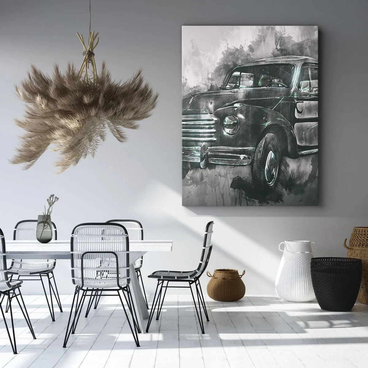 Impression sur toile - Image sur toile - Une voiture rétro classique avec un décor artistique - 70x100cm - Ancêtre respecté - Décoration murale moderne pour le salon et la chambre ARTTOR