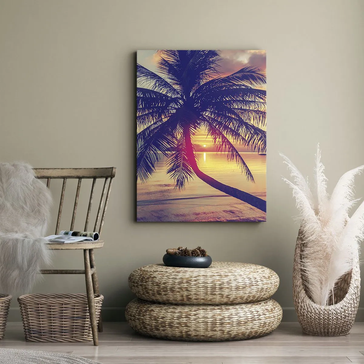 Impression sur toile - Image sur toile - Coucher de soleil avec un palmier sur un rivage tranquille - 70x100cm - Soirée sous les palmiers - Décoration murale moderne pour le salon et la chambre ARTTOR