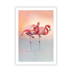 Affiche - Poster - Flamants roses sur fond de coucher de soleil pastel - 50x70cm - Dans les couleurs du soleil couchant - Décoration murale moderne pour le salon et la chambre ARTTOR