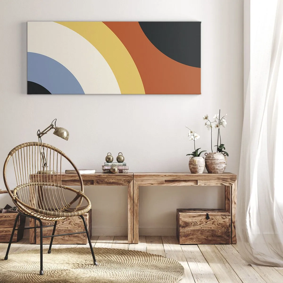 Impression sur toile - Image sur toile - Œuvre d'art abstraite avec des arcs colorés et des cercles contrastés - 120x50cm - Vers son soi - Décoration murale moderne pour le salon et la chambre ARTTOR