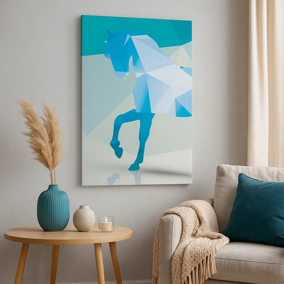 Impression sur toile - Image sur toile - Silhouette géométrique d'un cheval dans des tons bleus - 50x70cm - Cheval géométrique en turquoise - Décoration murale moderne pour le salon et la chambre ARTTOR