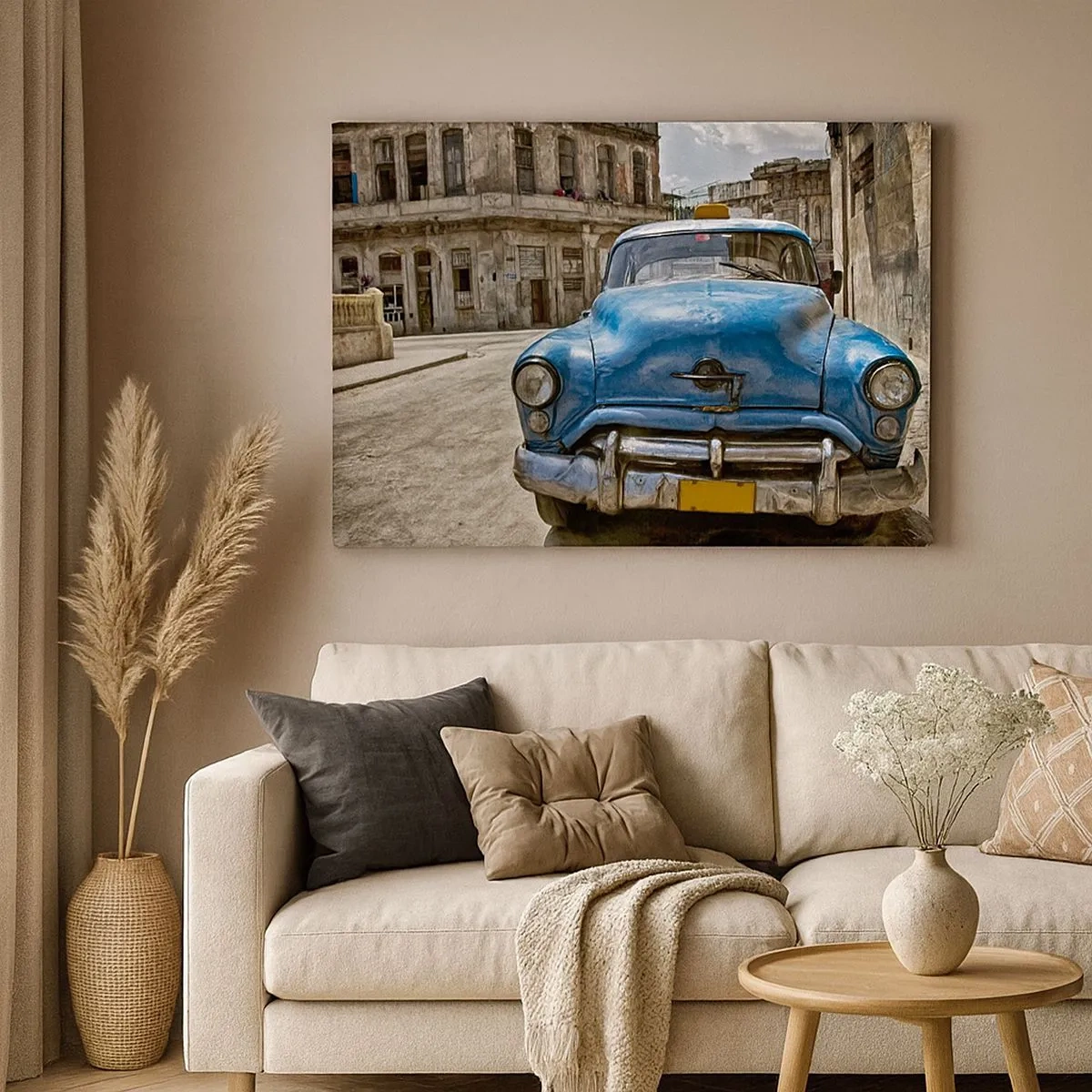 Impression sur toile - Image sur toile - Une vieille voiture bleue dans la rue dans un style rétro - 70x50cm - L'ancien est beau - Décoration murale moderne pour le salon et la chambre ARTTOR