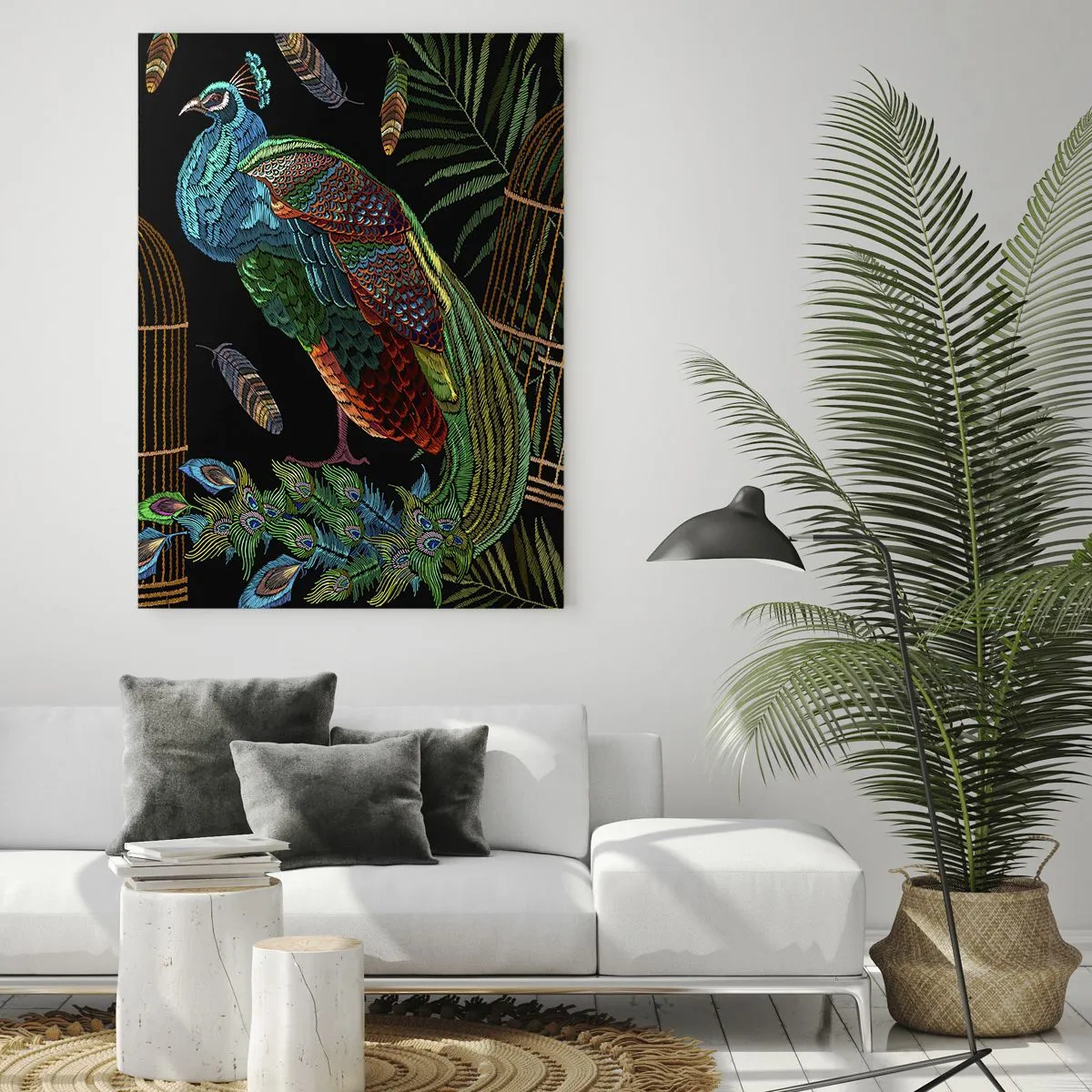 Impression sur verre - Image sur verre - Paons colorés et une cage sur fond noir - 50x70cm - En robes royales - Décoration murale moderne pour le salon et la chambre ARTTOR