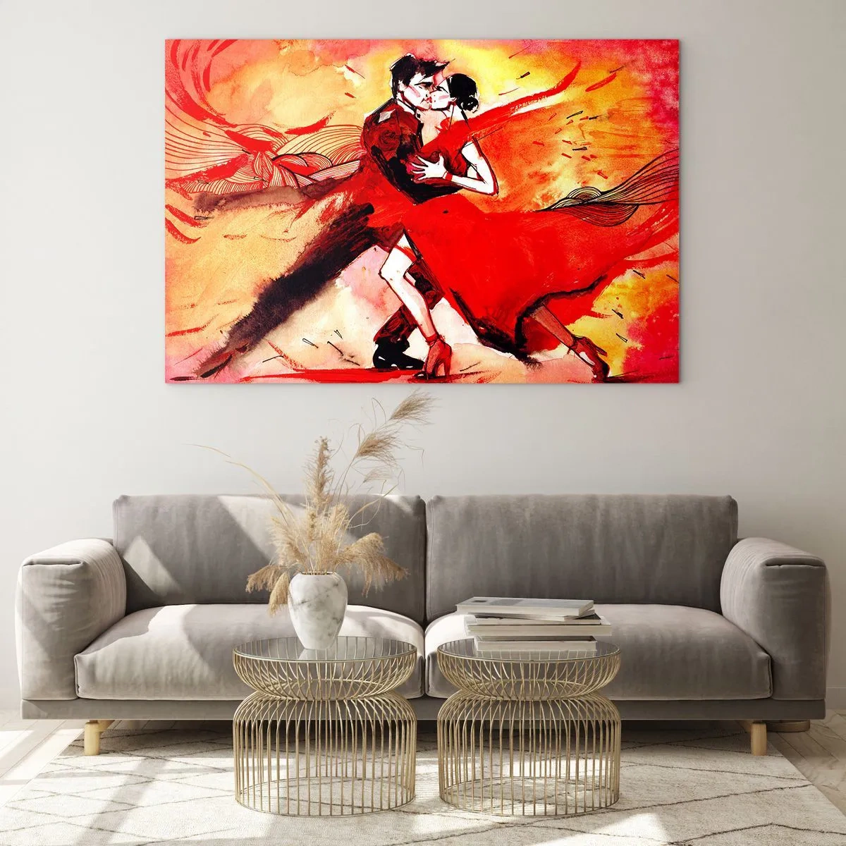 Impression sur verre - Image sur verre - Un couple dansant dans une composition rouge dynamique - 120x80cm - Le rythme violet de la passion - Décoration murale moderne pour le salon et la chambre ARTTOR