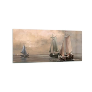 Impression sur verre - Image sur verre - Voiliers sur une mer calme dans un décor pastel - 120x50cm - Le retour des marins - Décoration murale moderne pour le salon et la chambre ARTTOR