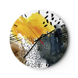 Horloge murale - Pendule murale - Motif abstrait en jaune, bleu marine et noir - 30x30cm - Rencontre des éléments - Décoration murale moderne pour le salon, la cuisine et la chambre ARTTOR
