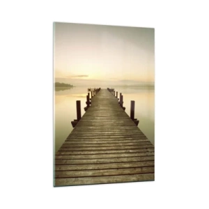 Impression sur verre - Image sur verre - Une jetée en bois sur un lac calme le matin - 80x120cm - L'aube, les premières lueurs, le jour  - Décoration murale moderne pour le salon et la chambre ARTTOR