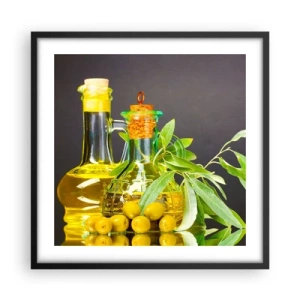 Affiche dans un cadre noir - Poster - Nature morte aux olives et à l'huile d'olive - 50x50 cm
