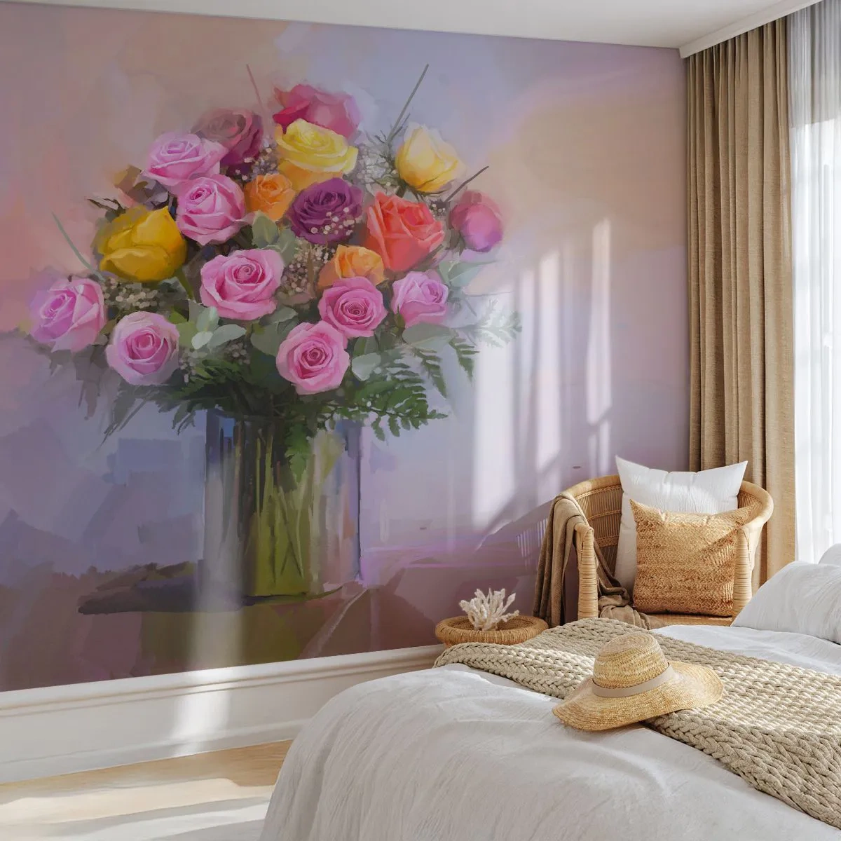 Papier Peint Photo Premium Sand - Un bouquet de roses colorées dans un vase en verre - 100x70cm - Beauté conservée - Décoration murale moderne pour le salon et la chambre ARTTOR