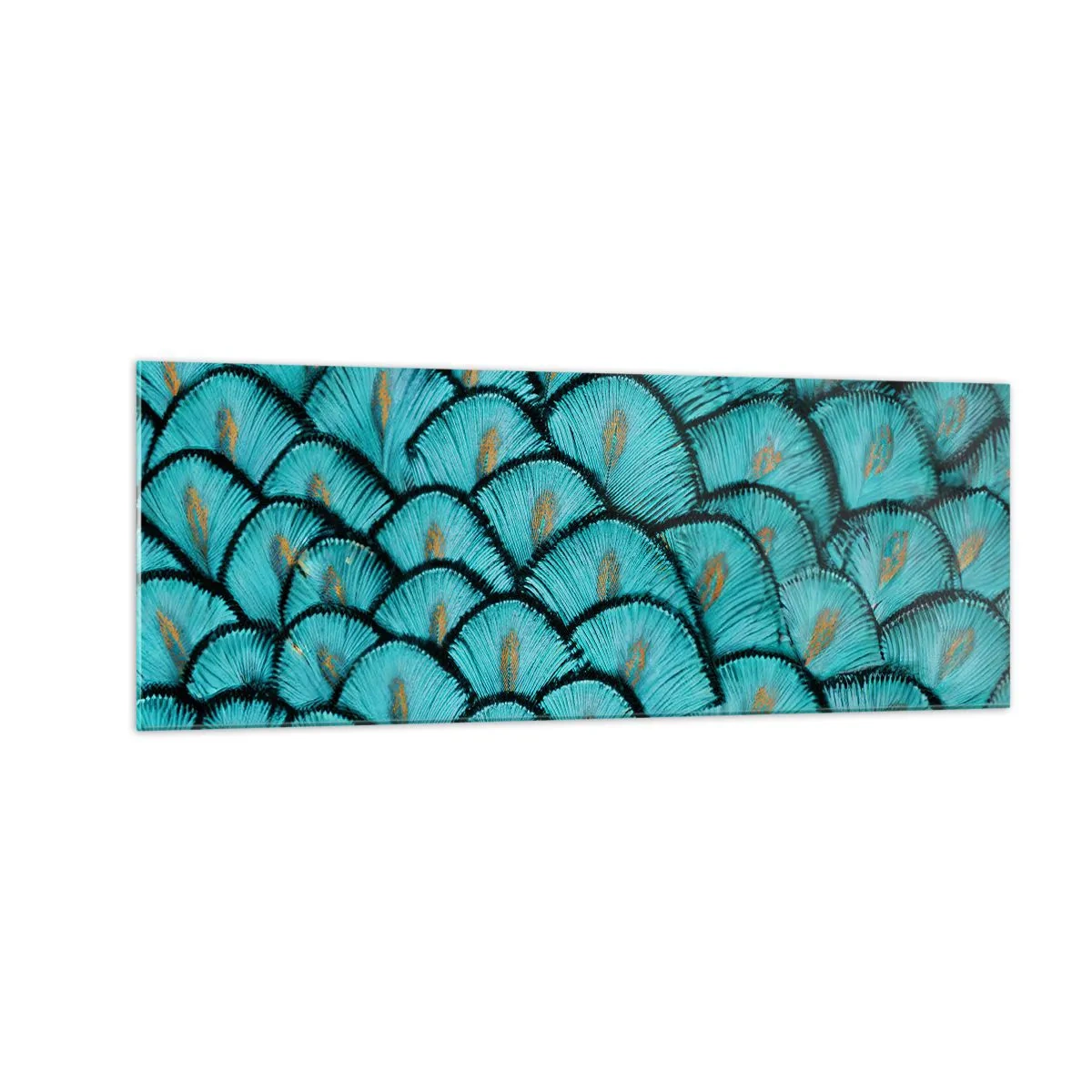 Impression sur verre - Image sur verre - Un motif ressemblant à des écailles turquoise avec des accents dorés - 140x50cm - Le grand gala des plumes - Décoration murale moderne pour le salon et la chambre ARTTOR