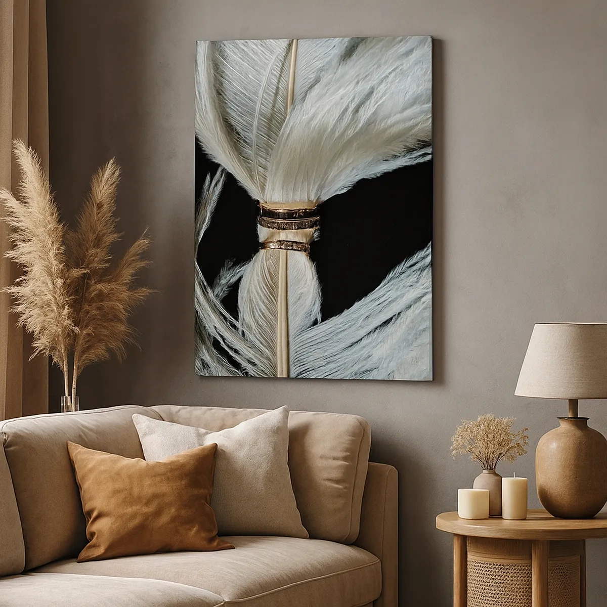 Impression sur toile - Image sur toile - Une plume blanche avec deux anneaux d'or sur fond noir - 50x70cm - ... et je ne te laisserai pas ... - Décoration murale moderne pour le salon et la chambre ARTTOR