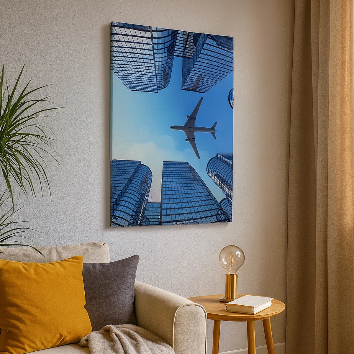 Impression sur toile - Image sur toile - Un avion survolant des gratte-ciels modernes dans le centre-ville. - 50x70cm - La vue depuis le ravin de verre - Décoration murale moderne pour le salon et la chambre ARTTOR
