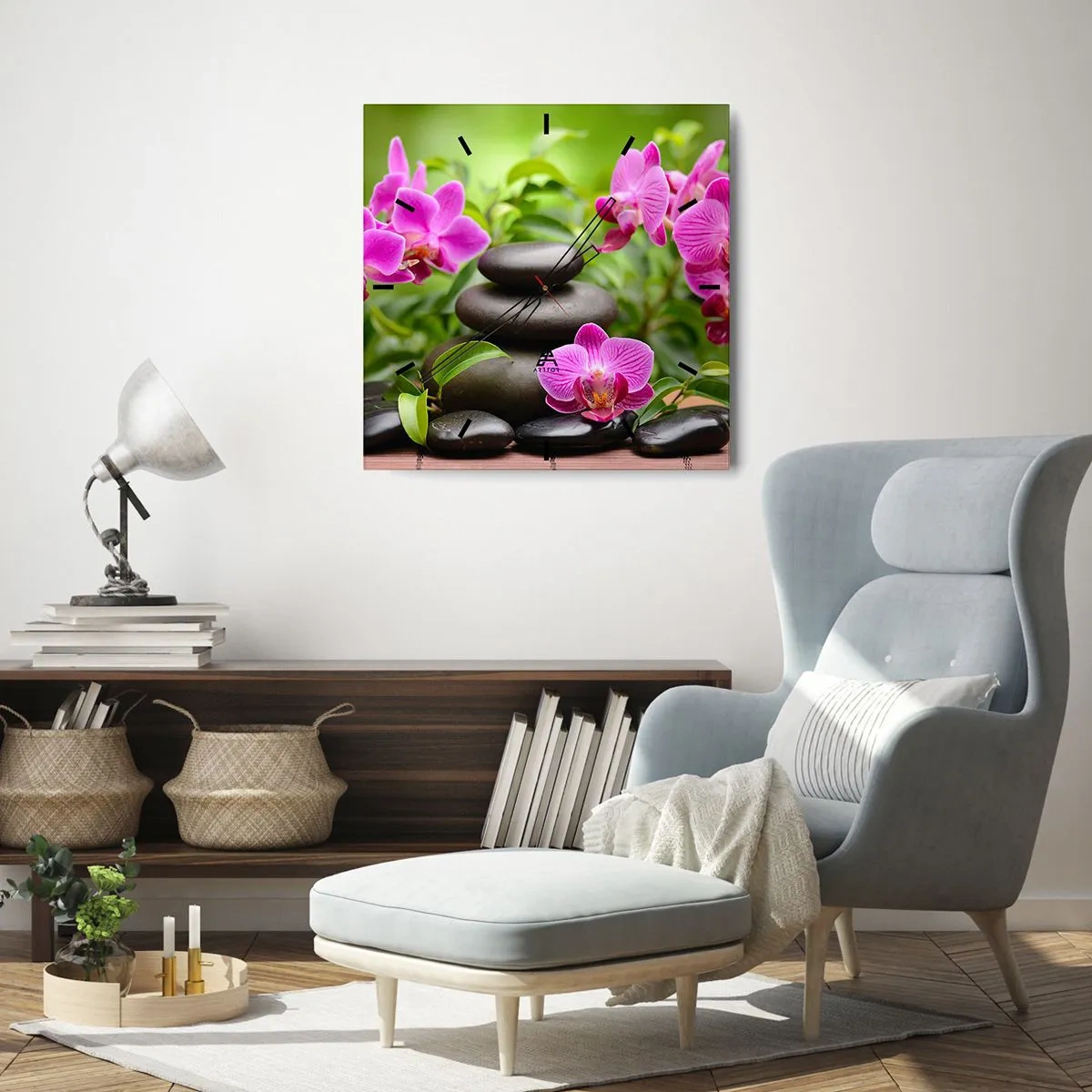 Horloge murale - Pendule murale - Orchidées roses avec des pierres sur fond vert - 30x30cm - Pyramide de la Paix - Décoration murale moderne pour le salon et la chambre ARTTOR