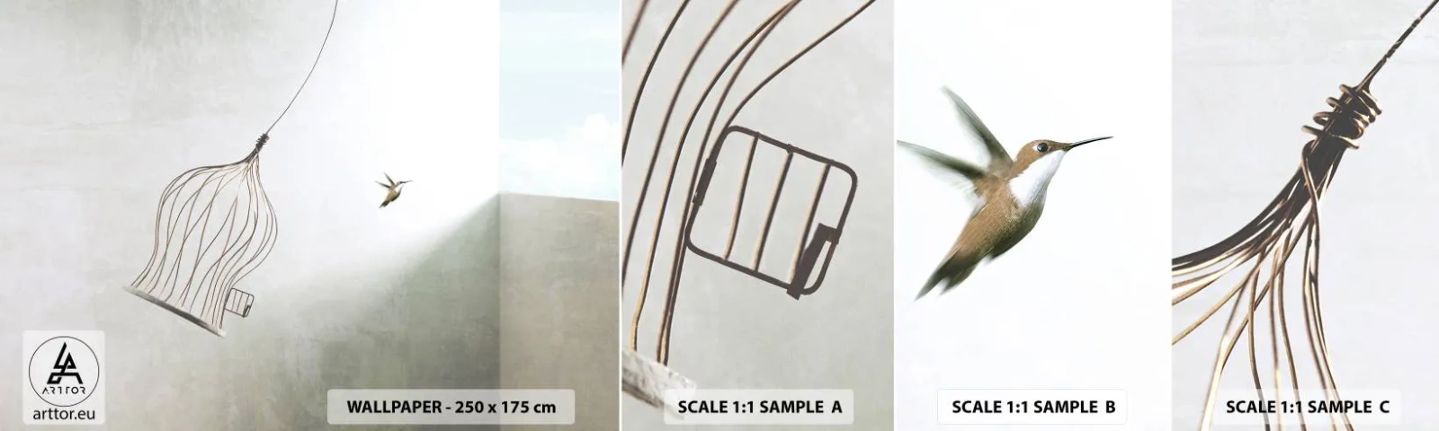 Échantillon de Papier Peint Autocollant Deluxe Sticker - Dans son élément - Abstraction, Oiseau, Cage à oiseaux - 100x30 cm